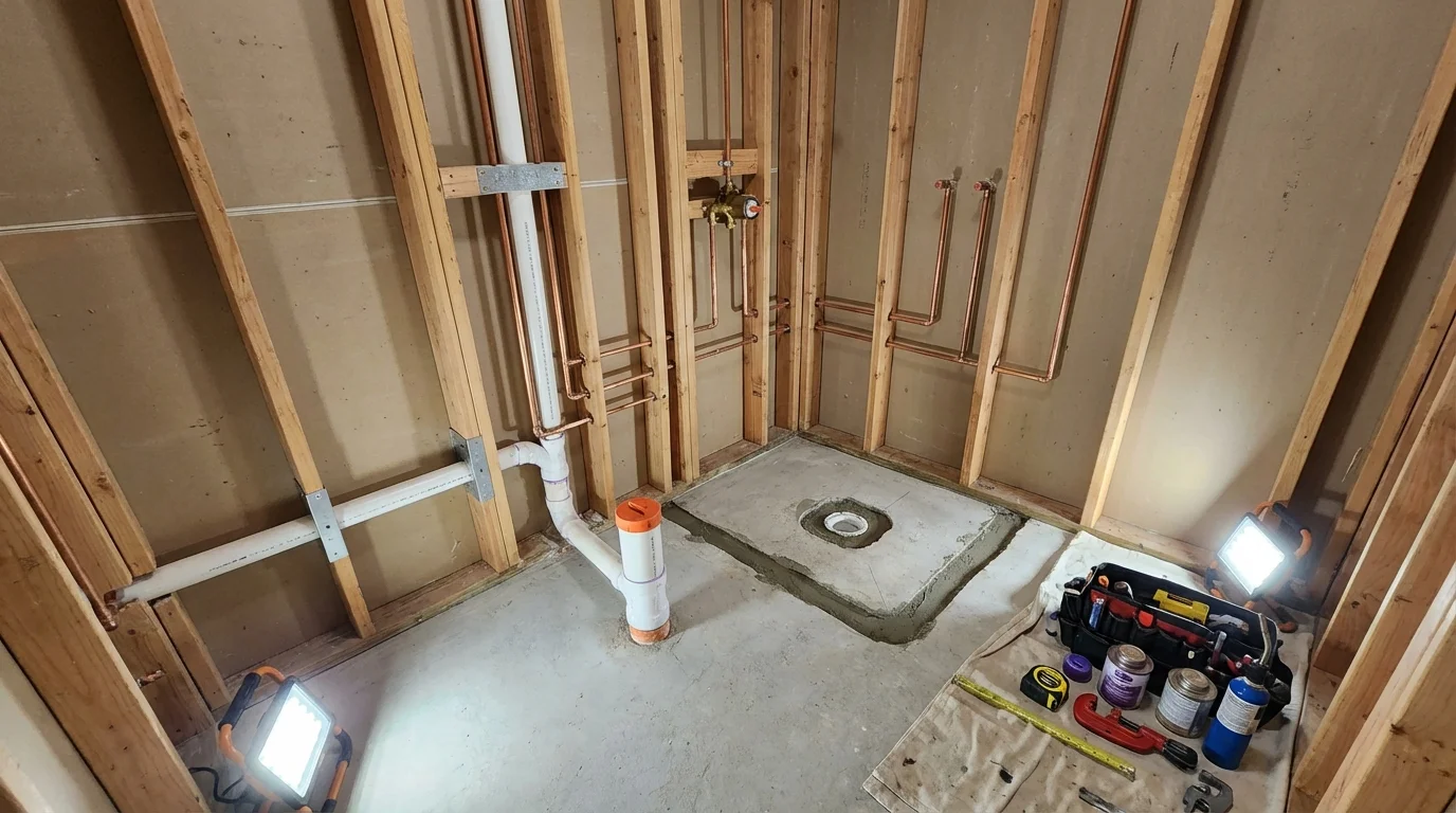 Bathroom rough-in plumbing during remodel by Johns Plumbing LLC in Philadelphia