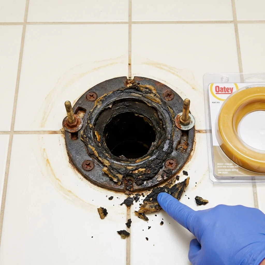 Failed wax ring showing water seepage at the base of a toilet in a Philadelphia, PA home