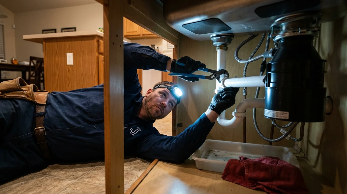 P-trap and supply line connections under a kitchen sink showing a common leak point in Philadelphia, PA
